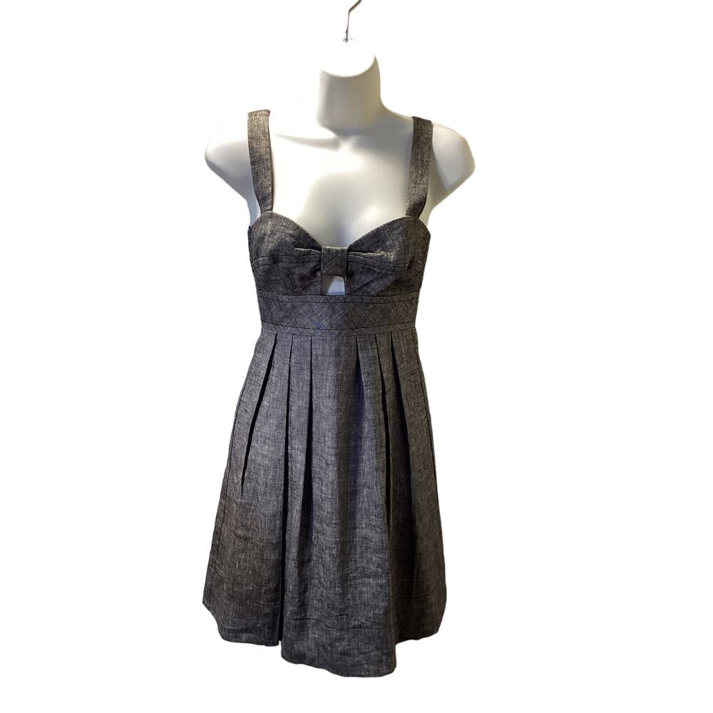 Trina Turk Gray Pleated Peek a Boo Sweetheart Neckline Linen Mini Dress 0